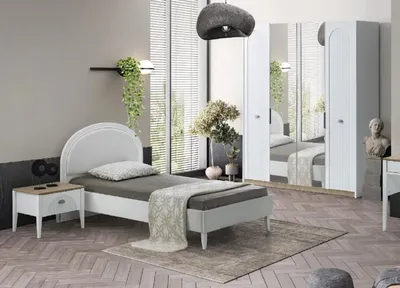 Produktbild von Kinderzimmer Set Modern Einzelbett Nachttisch Kleiderschrank Spiegel Design
