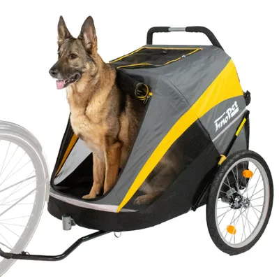 Produktbild von Großer Hundebuggy und Fahrradanhänger Trailer - Innopet Hercules Gelb/Grau - 2in1 mit Umbauset und Regenhaube - Leinen innen - Hundewagen bis 50kg belastbar - 45cm große hintere Luftreifen