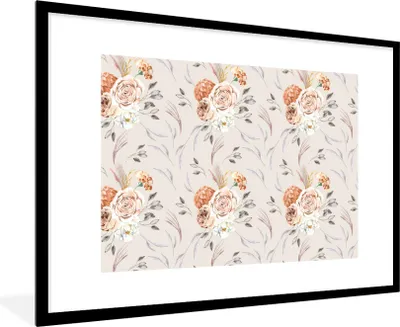 Produktbild von MuchoWow® Gerahmtes Poster Rosen - Blätter - Muster 90x60 cm - Poster mit Schwarzem Bilderrahmen Wandposter Rahmen Foto Bilder - Wanddekoration - Fotos