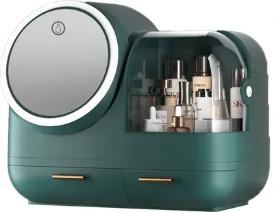 A makeup organizer with a mirror and drawers, filled with various cosmetic products.