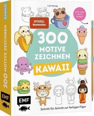 Produktbild von Kawaii Zeichenbuch im Mitnahmeformat mit 300 Motiven, Stiftschlaufe, Bleistift & Mitmachseiten