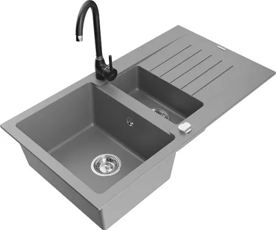 Produktbild von Mexen Matias 1,5-Becken-Granitspüle mit Abtropffläche und Mischbatterie Telma, Grau - 6502-71-670200-70