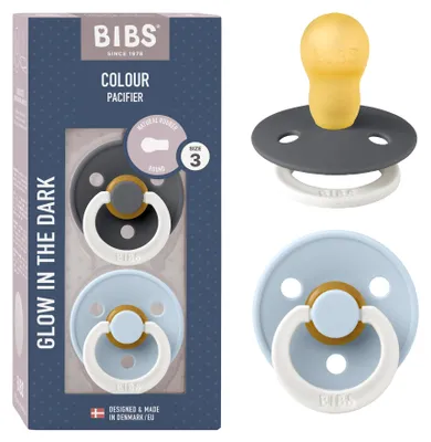 Produktbild von BIBS Colour Glow Schnuller, 18-48 Monate, 2er-Pack, Runder Sauger, Iron /Baby Blue