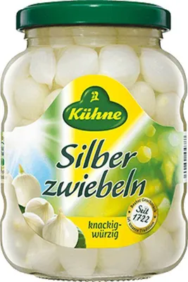 Immagine prodotto di Cipolle argentate Kühne croccanti e piccanti in barattolo 370ml confezione da 6