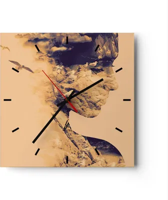 Produktbild von Wanduhr - Quadrat - Glasuhr - Frau Vögel Fotomontage - 30x30cm - Schleichendes Uhrwerk - Lautlos - zum Aufhängen bereit - Dekoration Modern - Wanddekoration aus Glas - C3AC30x30-4246