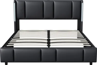 Obrázek produktu pro Hydraulická postel s úložným prostorem 160×200 cm, čalouněné dvoulůžko s LED diodami a funkcí nabíjení USB, funkční rám postele s úložným prostorem a lamelovým roštem, PU, černá barva