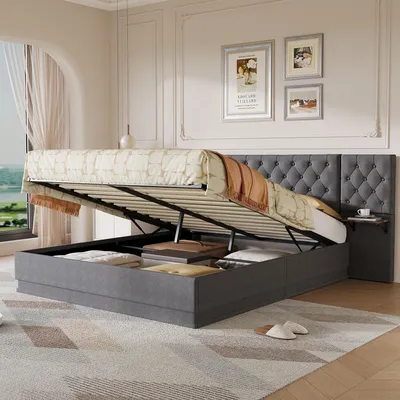 Immagine prodotto di Letto imbottito ProximaX, dimensioni 160x200 cm, grigio, con spazio contenitore, illuminazione LED e funzione di ricarica USB-C