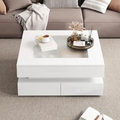 Immagine prodotto di Tavolino da salotto, dimensioni 70 x 70 x 35 cm, realizzato in pannello di particelle al 100%, con piano in vetro, colore bianco, piano in vetro quadrato, dotato di illuminazione a LED e 3 cassetti