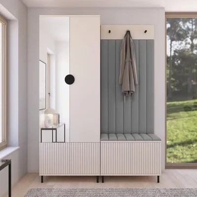 Produktbild von Garderoben-Set Ritmo Version 1 –gefräster Kleiderschrank mit Spiegel, mit hohen Füßen, gepolsterte Wandpaneele, , für den Flur (cashmere, Trinity 14)