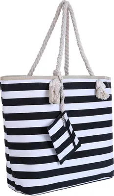 Produktbild von Große Strandtasche Shopper mit Reißverschluss - maritime Streifen schwarz-weiß