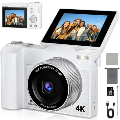 Produktbild von Digitalkamera 4K 48MP Autofokus Fotokamera 16X Digitalzoom Fotoapparat mit 180° Klappbarer Bildschirm Kompaktkamera mit 32GB Karte für Teens Anfänger Erwachsene (Weiß)