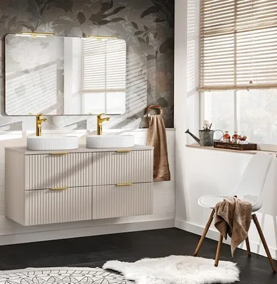 Produktbild von MONTIERT Design Badmöbel Set mit 2 Waschbecken ADEL CASHMERE 120 MDF SOFT-CLOSE Waschtisch Spiegel