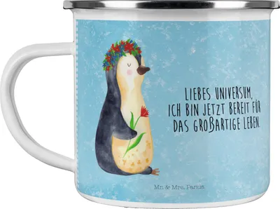 Produktbild von Mr. & Mrs. Panda Emaille Tasse Pinguin Blumen - Eisblau - Geschenk, Universum, Pott, Teetasse, Leben, Positiv, Becher, Geschenkidee, Campingtasse