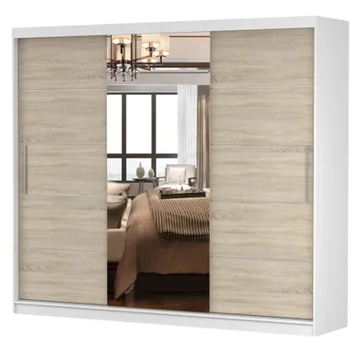 Produktbild von Schwebetürenschrank Kleiderschrank Schrank 250cm Weiss/Sonoma mit Spiegel Alba