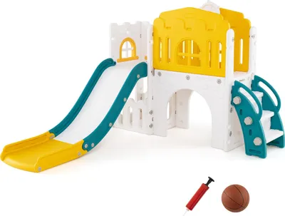 Immagine prodotto di Scivolo per bambini COSTWAY, scivolo per bambini 9 in 1 con canestro, struttura per arrampicata, tunnel, telescopio e spazio di archiviazione, indoor, parco giochi per bambini 1+ (giallo+verde)