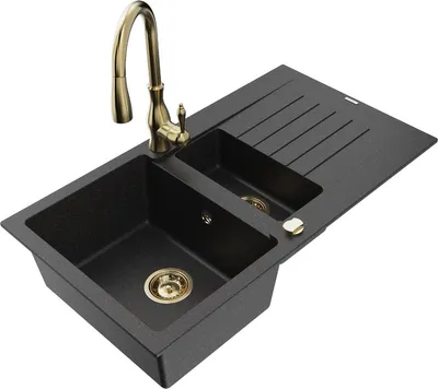 Produktbild von Mexen Matias 1,5-Becken-Granitspüle mit Abtropffläche und Mischbatterie Savita, Schwarz/Silber - 6502-73-672601-50