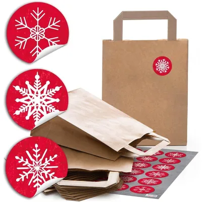 Produktbild von 24 braune weihnachtliche Papiertüten Boden 18 x 8 x 22 cm kleine Papiertaschen + 24 runde Aufkleber Weihnachten SCHNEEFLOCKE türkis blau weiß Verpackung Weihnachtsgeschenke Kunden give-awaySchneeflocke rot weiß