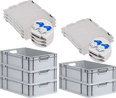 Produktbild von SuperSparSet 5x Eurobox NextGen Economy mit Scharnierdeckel und blauen Schiebeschnappverschlüssen | Griffe offen | HxBxT 17x40x60cm | 34 Liter | Eurobehälter, Transportbox, Transportbehälter, Stapelbehälter