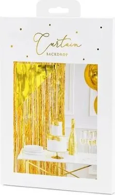 A product box for a gold fringe curtain backdrop, with a sample of the curtain and a staged party scene visible through the packaging window.
