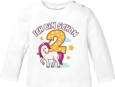 Produktbild von Baby Langarm-Shirt Einhorn Alter Zahl Spruch Ich bin schon 1 (2) Geburtstagsshirt Baumwolle Mädchen MoonWorks® 2 Jahre weiß 80/86 (10-15 Monate)