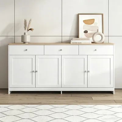 Produktbild von INONEFT Küchenschrank, Sideboard mit 3 Schubladen und 4 Türen, Buffetschrank mit Verstellbare Ablage, Kommode, Küchenkommode, Natur & Weiß