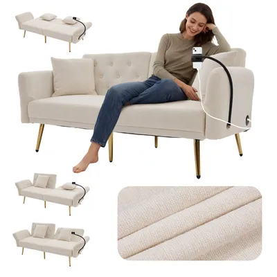Produktbild von LVHOM Klappsofa mit Schlaffunktion, Schlafsofa 2-Sitzer mit USB und Handyhalter, Bettcouch mit Seitentasche, Polstersofa mit 3 Fach Rückenlehne, Beige