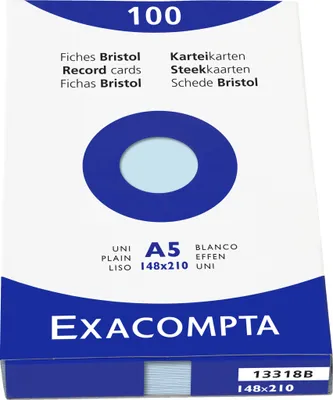 Produktbild von Exacompta Karteikarten A5 blanko, Faltschachtel mit 100 Stück, Azurblau, 13318B