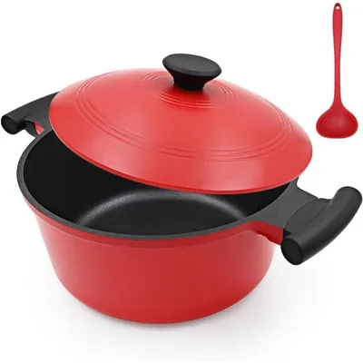 Obrázek produktu pro Nerezový hrnec o průměru 24 cm s poklicí, objem 5 litrů, s nepřilnavým povrchem, s dvojitými rukojeťmi, červeno-černý, vhodný pro indukční vařiče