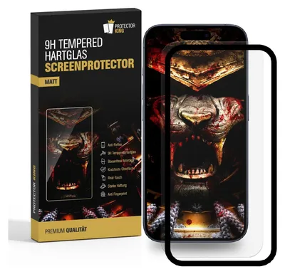 A product shot of a screen protector box and the screen protector itself, with a graphic of a lion's head on the phone screen.