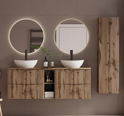 Produktbild von Badmöbel-Set 4-teilig mit 140 cm Doppelwaschtisch & 2 LED-Spiegeln in Eiche mit gerillter Front - CALURI-140