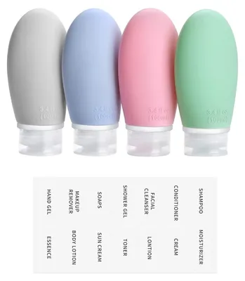 Productafbeelding van Set van 4 siliconen reisflessen, 100 ml, lekvrij, navulbaar, met labels, in de kleuren blauw, groen, roze en grijs