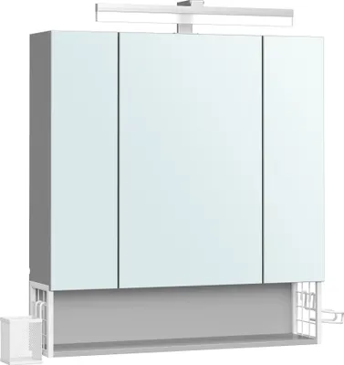 A white bathroom cabinet with mirrored doors and a light fixture above.