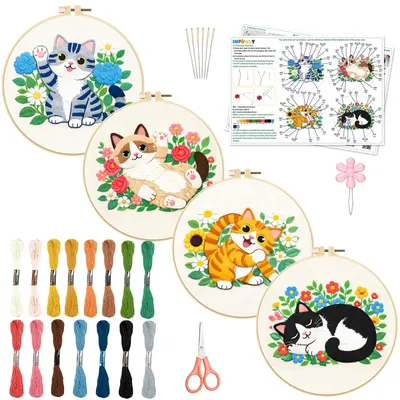 Stickerei-Set für Erwachsene, 4 Motive Katzen & Blumen, DIY