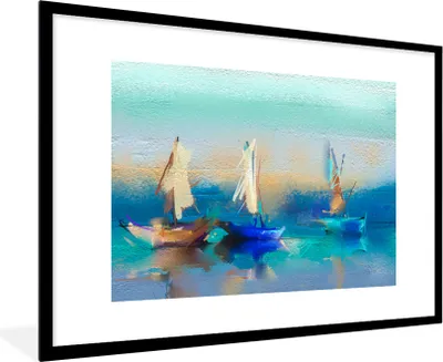 Produktbild von MuchoWow® Gerahmtes Poster Gemälde - Ölfarbe - Boot - Abstrakt 90x60 cm - Poster mit Schwarzem Bilderrahmen Wandposter Rahmen Foto Bilder - Wanddekoration - Fotos