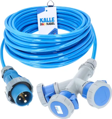 Produktbild von Kalle Verlängerungskabel CEE 230V 16A 2,5mm² 3-Fach Kupplung Extreme Blau Aquasafe IP67 20 Meter
