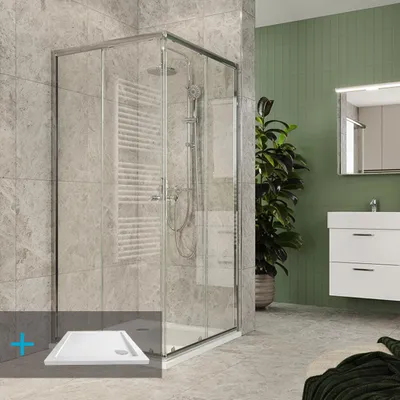 Productafbeelding van Mereo Kora Lite doucheset: douchecabine 90x90x185 cm, chroomkleurig aluminium, helder glas, 90 cm, douchebak, sifon - CK34123ZN
