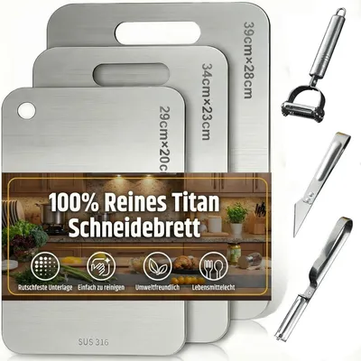 Image de Lot de 3 planches à découper en titane, planches à découper en acier inoxydable 304 avec tapis antidérapant en silicone, lot de couteaux à éplucher, pour la cuisine en plein air, le camping et la randonnée (29 x 20 cm, 34 x 23 cm et 39 x 28 cm)