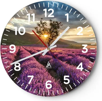 Produktbild von Wanduhr - Rund - Glasuhr - Lavendel Berge Feld - 40x40cm - Schleichendes Uhrwerk - Lautlos - zum Aufhängen bereit - Dekoration Modern - Wanddekoration aus Glas - C4AR40x40-3645