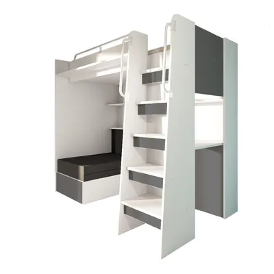 Produktbild von Marlux-Meble Hochbett JSM-7 90x200 TREPPE RECHTS mit Schreibtisch Schränke und Ausklappbares Sofa 70x180 Matt Funktionsbett Etagenbett Stockbett Kinderhochbett Jugendhochbett (Graphit Matt)