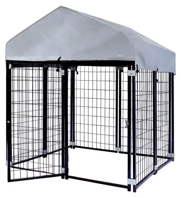Produktbild von Hundezwinger mit Überdachung 121 x 121 x 137 cm, Hundehütte mit Sonnendach, Robustes Outdoor Hundehaus aus Stahl