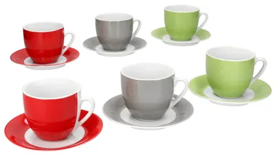 Produktbild von 6x Variant Trio Kaffeetassen mit Untertassen 6 Personen Porzellan Grün Rot Grau
