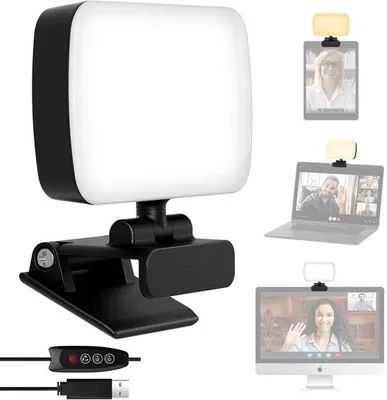 Immagine prodotto di Lampada a clip a LED per videoconferenze - 120 chip LED - 3 impostazioni - Ricarica USB - Illuminazione interna - Per live streaming, laptop, conferenze e ufficio