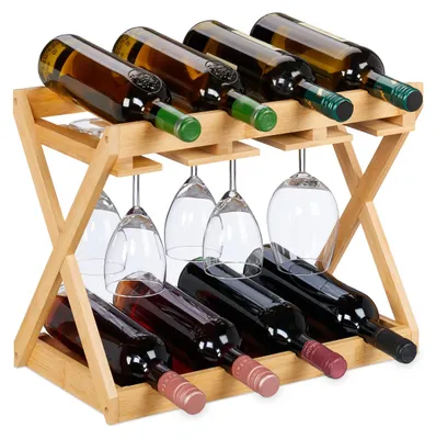 Weinregal mit Gläserhalter, Bambus, 8 Flaschen & 6 Gläser, 35x45x23 cm