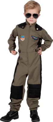 A young boy wearing a pilot costume.