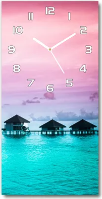 Produktbild von Wanduhr aus Glas – 30x60 cm - Glasbild - Glasuhr - Gehärtetes Glas -Bungalows auf dem Wasser
