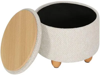 Produktbild von Hocker mit Stauraum, gepolsterter Hocker mit Deckel, massiven Holzbeinen, Durchmesser 39 x 33 cm, crèmeweiß
