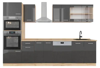 Produktbild von Küchenzeile Vicco R-Line Anthrazit Hochglanz/Goldkraft Eiche 300 cm mit Hochschrank, ohne Arbeitsplatte, Model 37158