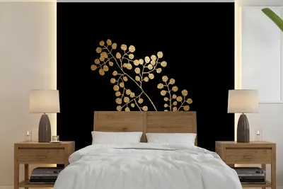 Produktbild von MuchoWow® Fototapete für Wohnzimmer oder Schlafzimmer Wandtapete Vinyl Motivtapete Gold - Zweig - Blatt - 300x300 cm - Wanddekoration