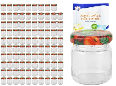 Image de Lot de 100 bocaux en verre de 53 ml, modèle « To 43 » avec couvercle décoré de motifs de fruits, bocaux de conserve, livret de recettes inclus