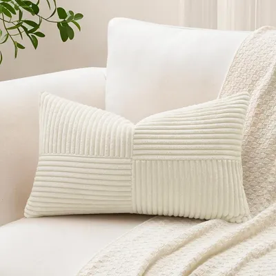 Zdjęcie produktu dla Poszewka na poduszkę, tkanina corduroy, wzór w paski, 40x60 cm, kolor kremowy, 1 sztuka